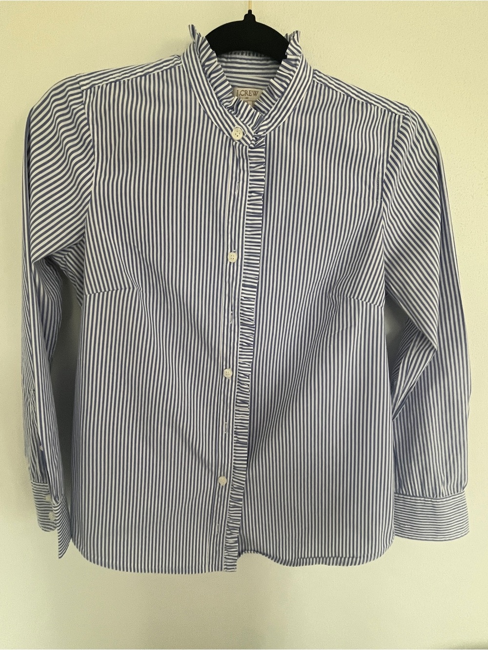 J. Crew women rufflecneck button up blue and white striped cotton. Size XS - Picture 2 of 6